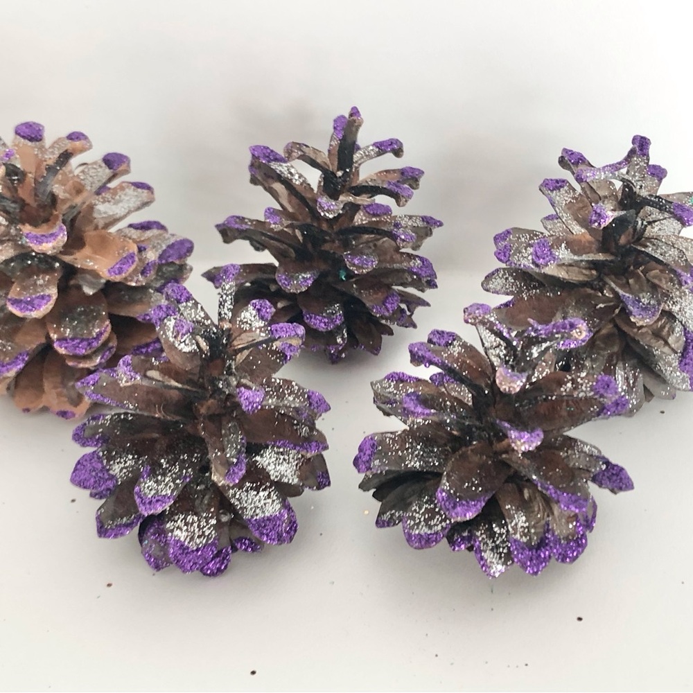 New Hand Painted Purple and Silver Glitter Pine Cones Holiday Decorations Crafts